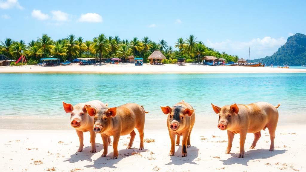 Pig Island beach with friendly pigs on the sand